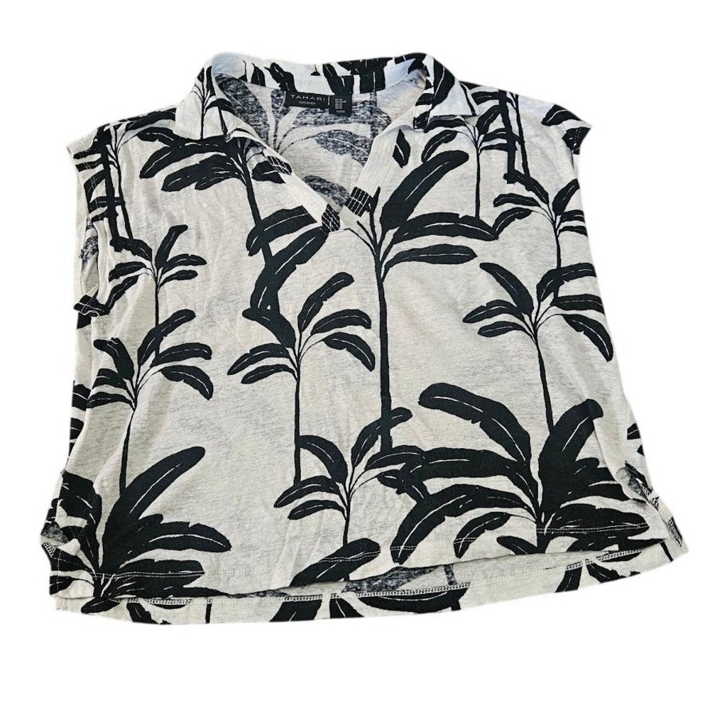 Tahari Linen Sleeveless Top Women XL Black White Tropical Palm Leaf V-Neck Shirt